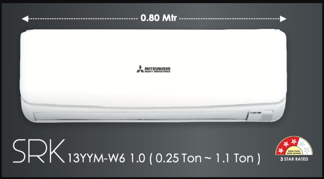 SRK-13-YYM Mitsubishi Heavy Duty SRK 13 YYM – W6 1 TON 3 STAR R32 HYPER INVERTER ECO SMART HYPER INVERTER (COOLING ONLY) Presenting India’s Highest Energy Efficient 1 Ton Eco Smart Hyper Inverter AC With R32 Refrigerant & Maximum 4.7 EER. - Image 1